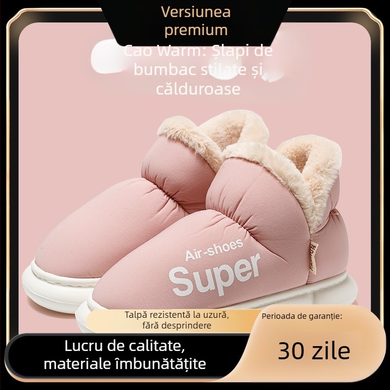 Papuci de iarnă din bumbac pentru femei și bărbați - partea superioară impermeabilă, căptușeală pufoasă, talpă PVC, toc de 3–5 cm, antiderapant, cald