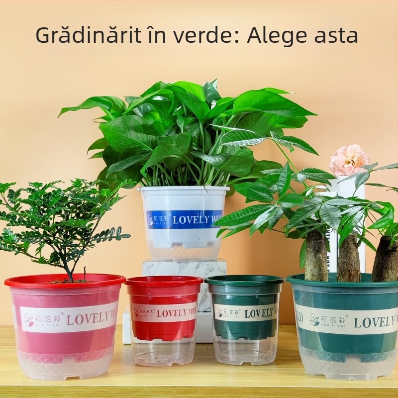 Ghiveci auto-udare din plastic cu vas exterior transparent, cu strat dublu și rezervor de apă