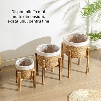 Suport din lemn pentru ghivece, montat pe podea, realizare manuală, stil simplu, destinat grădinăritului acasă și plantelor de pe balcon.