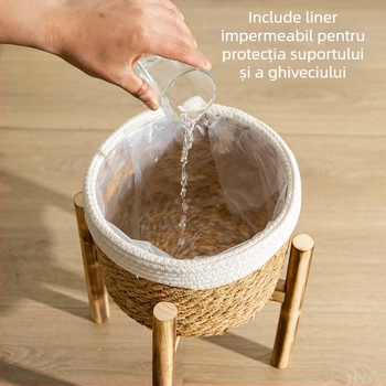 Suport din lemn pentru ghivece, montat pe podea, realizare manuală, stil simplu, destinat grădinăritului acasă și plantelor de pe balcon.