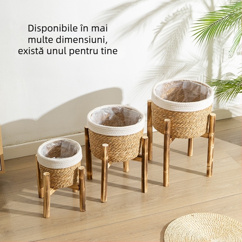 Suport din lemn pentru ghivece, montat pe podea, realizare manuală, stil simplu, destinat grădinăritului acasă și plantelor de pe balcon.