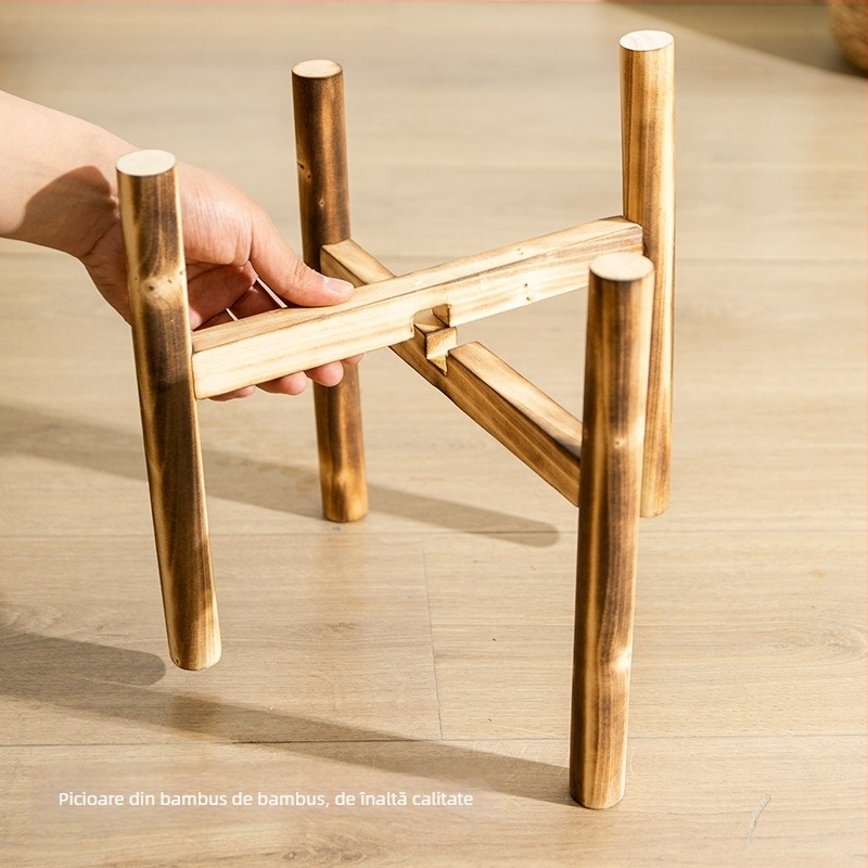 Suport din lemn pentru ghivece, montat pe podea, realizare manuală, stil simplu, destinat grădinăritului acasă și plantelor de pe balcon.