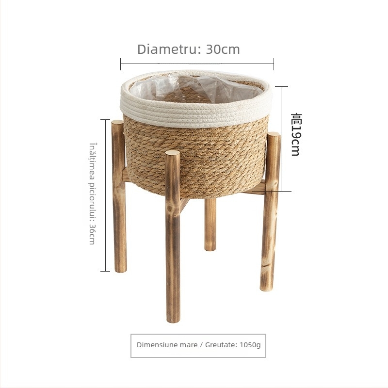 Suport din lemn pentru ghivece, montat pe podea, realizare manuală, stil simplu, destinat grădinăritului acasă și plantelor de pe balcon.