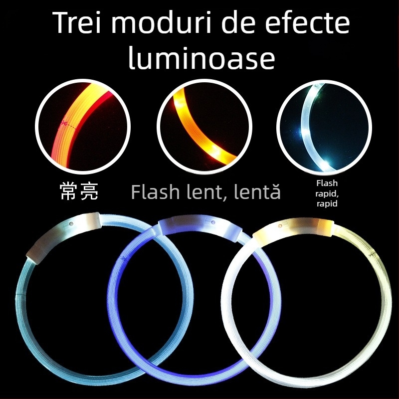 Colier LED pentru animale de companie, USB reîncărcabil, din plastic, pentru câini și pisici