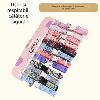 Set din bumbac pentru câini și pisici: zgardă și lesă cu clopoțel și model desen animat