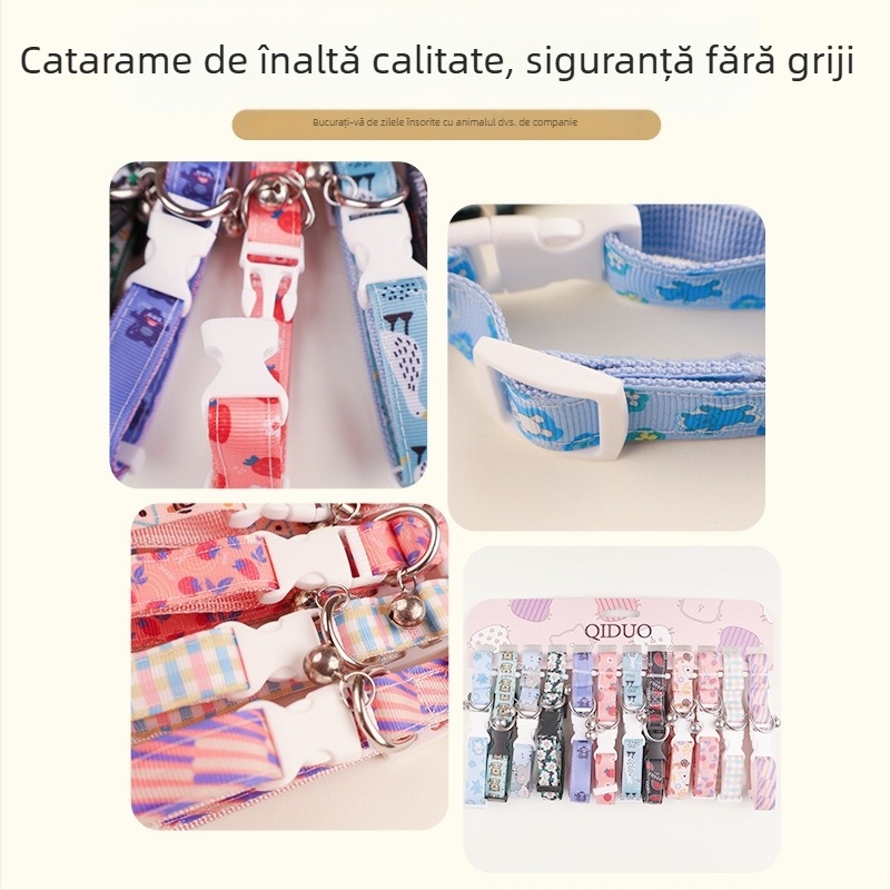 Set din bumbac pentru câini și pisici: zgardă și lesă cu clopoțel și model desen animat