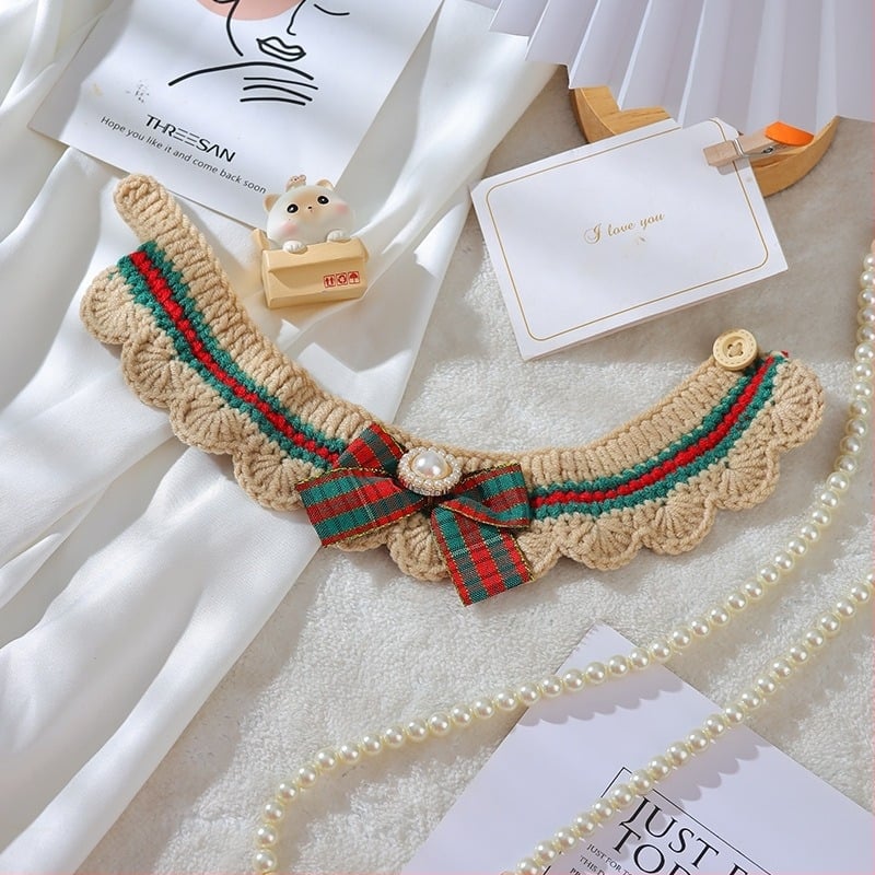 Colier vintage pentru animale de companie din lână, pentru pisici și câini, model color-block, brand Meow garden, potrivit pentru toate animalele, stil prințesă.