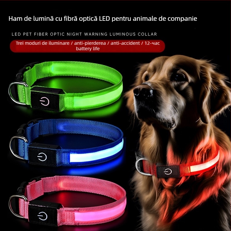 Colier pentru câine, încărcare USB, iluminat, din nylon, versiune cu luminozitate înaltă