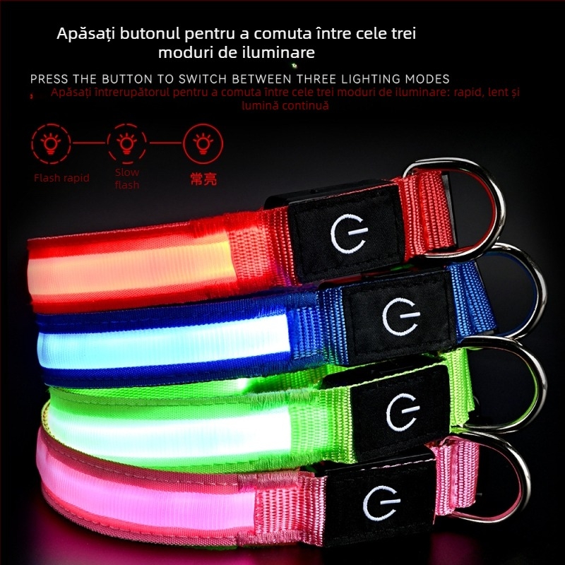 Colier pentru câine, încărcare USB, iluminat, din nylon, versiune cu luminozitate înaltă
