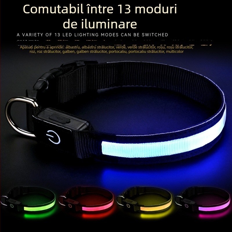Colier pentru câine, încărcare USB, iluminat, din nylon, versiune cu luminozitate înaltă