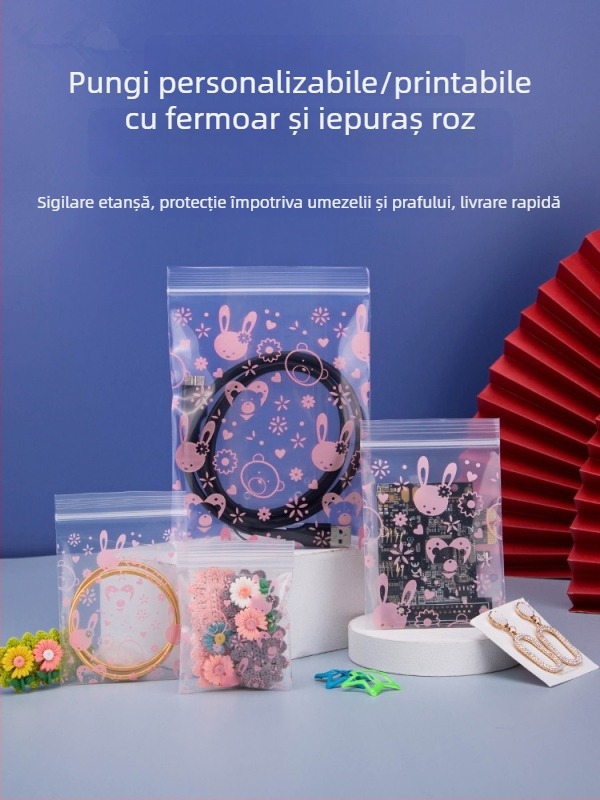Geantă mini pentru bijuterii cu imprimare color, închidere auto-sigilantă, design drăguț cu desene animate, husă de depozitare din plastic îngroșat