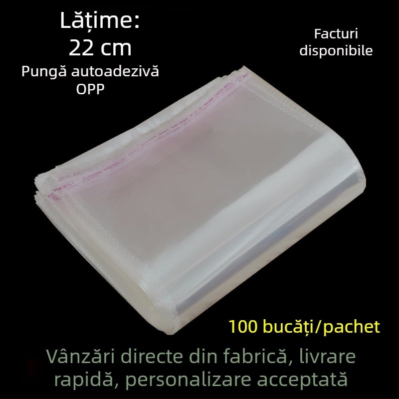 Pungă de ambalaj OPP transparentă, autoadezivă, format A4, lățime 22 cm, pungă din plastic cu fermoar și imprimare a logo-ului