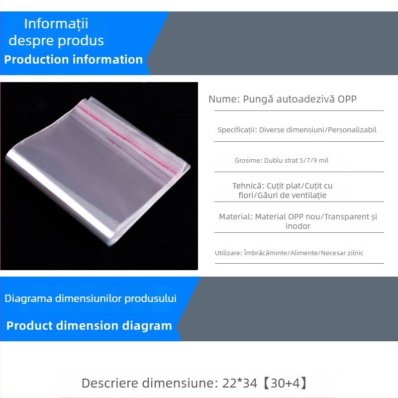 Pungă de ambalaj OPP transparentă, autoadezivă, format A4, lățime 22 cm, pungă din plastic cu fermoar și imprimare a logo-ului