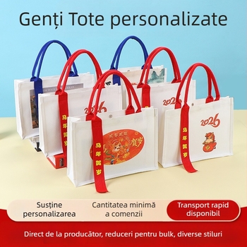 Geantă tote din pânză pentru studenți, design simplu, capacitate mare, accent cu panglică tridimensională, imprimare prin transfer termic (Imprimarea logo-ului: Nu)