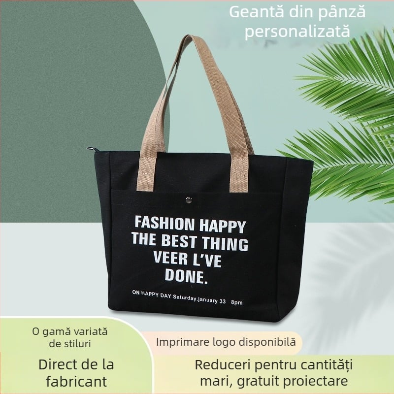 Geantă de pânză cu logo personalizat, curea de umăr, capacitate mare; metode de imprimare: transfer termic, serigrafie, imprimare mecanică