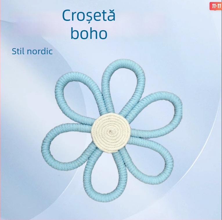 Tapiserie din frunze din bumbac, lucrată manual, pentru perete, cu margaretă boemă și pandantiv curcubeu