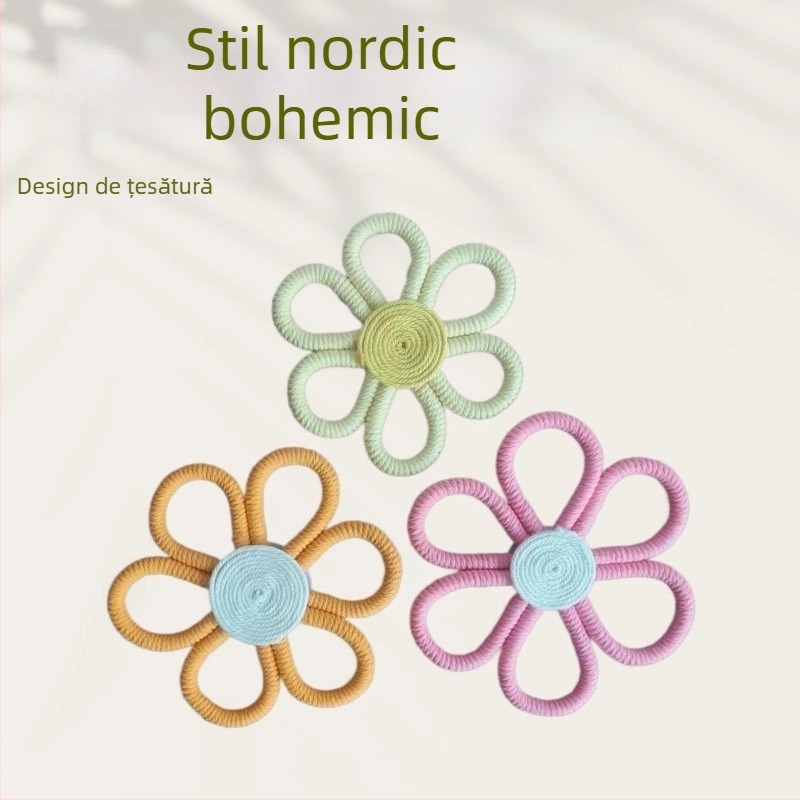 Tapiserie din frunze din bumbac, lucrată manual, pentru perete, cu margaretă boemă și pandantiv curcubeu