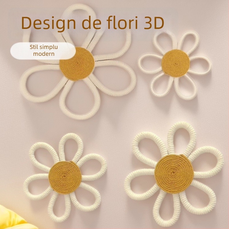 Tapiserie din frunze din bumbac, lucrată manual, pentru perete, cu margaretă boemă și pandantiv curcubeu