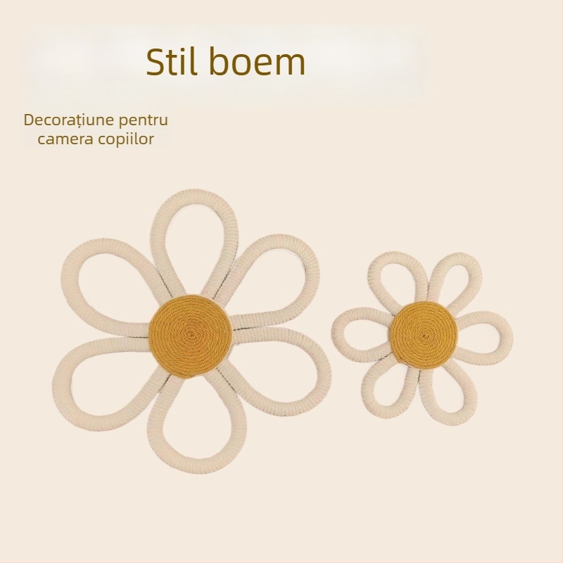 Tapiserie din frunze din bumbac, lucrată manual, pentru perete, cu margaretă boemă și pandantiv curcubeu