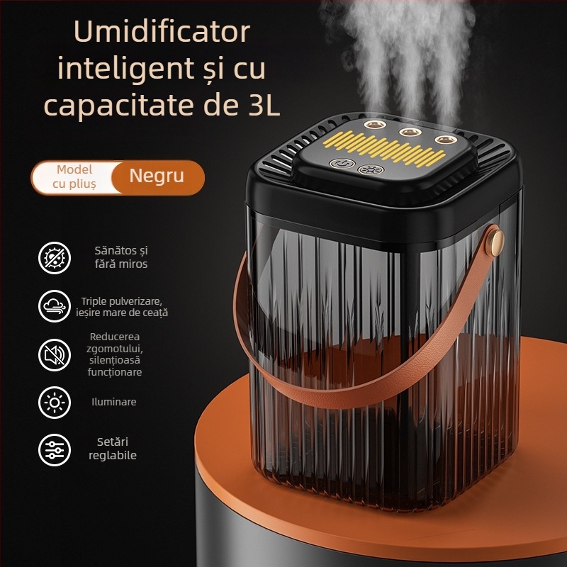 Umidificator cu 3 prize de ceață, rezervor mare 2.6–4.0 L, funcționare silențioasă, alimentare USB, pentru 10–20 m²