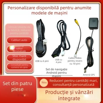 Cablu pentru navigație Android auto cu alimentare, USB, RCA, conectori 4 pini/6 pini, antenă GPS și cablu de recul
