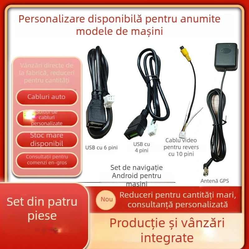 Cablu pentru navigație Android auto cu alimentare, USB, RCA, conectori 4 pini/6 pini, antenă GPS și cablu de recul