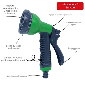Pistol de apă pentru spălarea mașinii și grădină — 8 funcții, presiune înaltă, Hua Miao