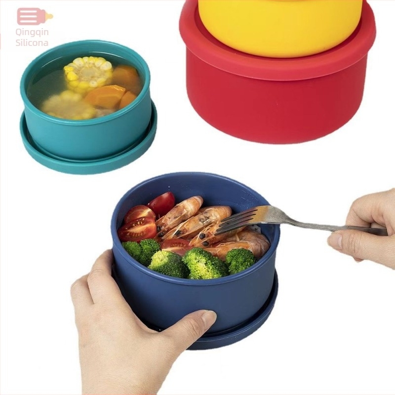 Cutie de prânz din silicon circulară, compatibilă cu microundele, menține temperatura, cu strat simplu sau dublu