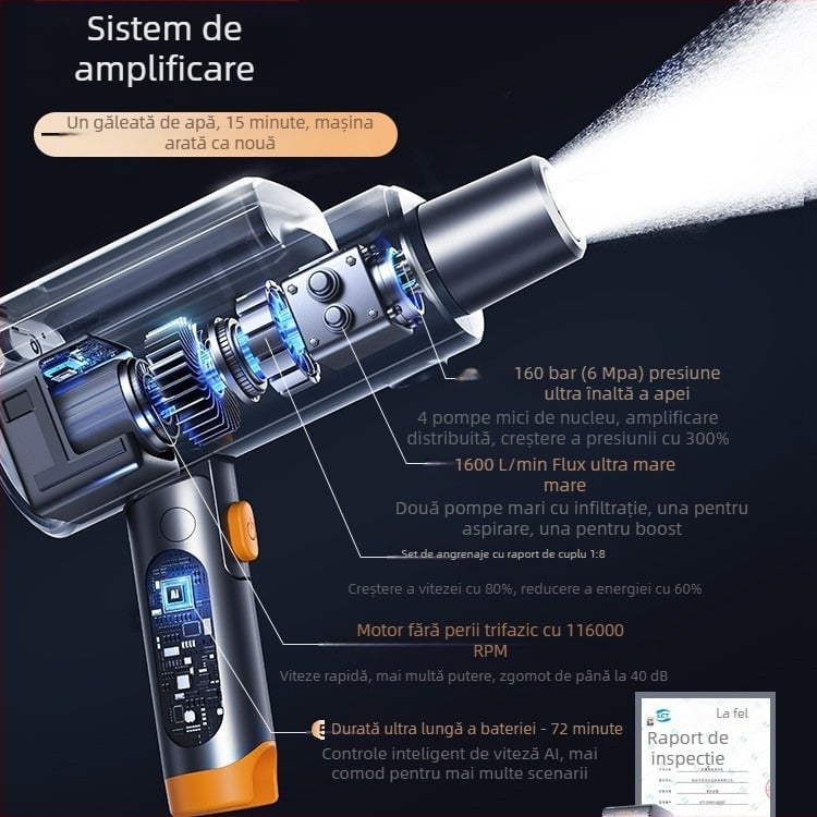 Pistol de spălat auto fără fir – carcasă ABS, presiune maximă 1,7 MPa, rază jet 5 m, furtun 6 m, greutate 1,04 kg