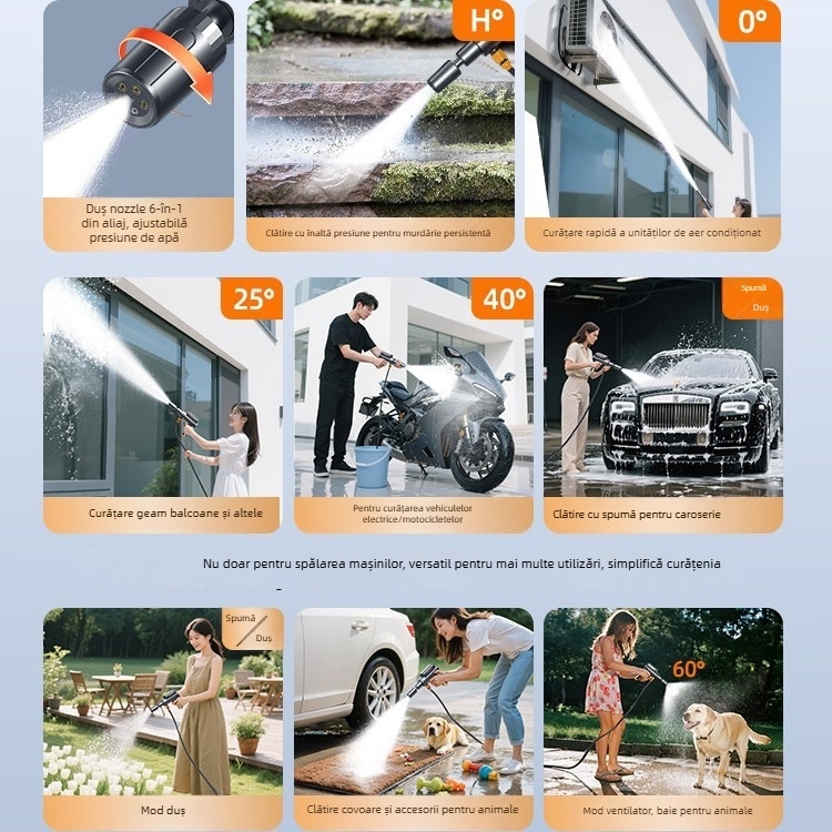 Pistol de spălat auto fără fir – carcasă ABS, presiune maximă 1,7 MPa, rază jet 5 m, furtun 6 m, greutate 1,04 kg