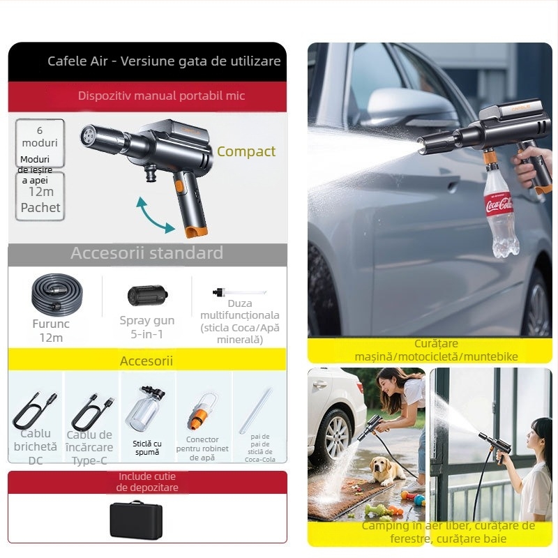 Pistol de spălat auto fără fir – carcasă ABS, presiune maximă 1,7 MPa, rază jet 5 m, furtun 6 m, greutate 1,04 kg