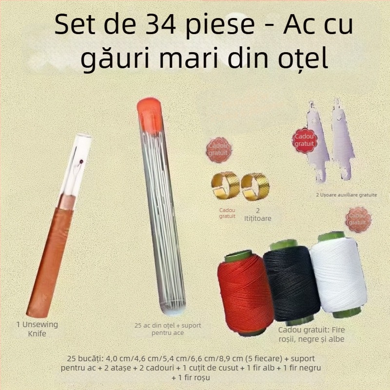 Set de 34 ace de cusut din oțel inoxidabil, cu ochi mari, pentru uz casnic