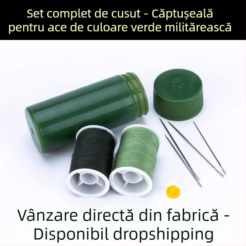Kit de cusut de buzunar portabil, într-o cutie cilindrică din oțel inoxidabil