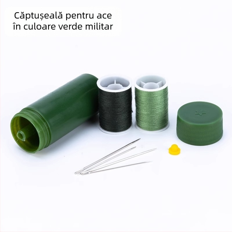 Kit de cusut de buzunar portabil, într-o cutie cilindrică din oțel inoxidabil
