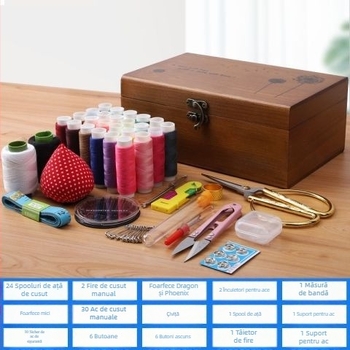 Set de cusut în cutie din lemn – portabil, multifuncțional, cu ace și ațe