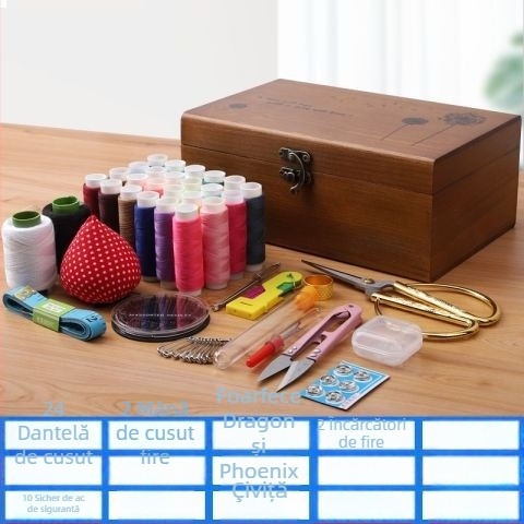 Set de cusut în cutie din lemn – portabil, multifuncțional, cu ace și ațe