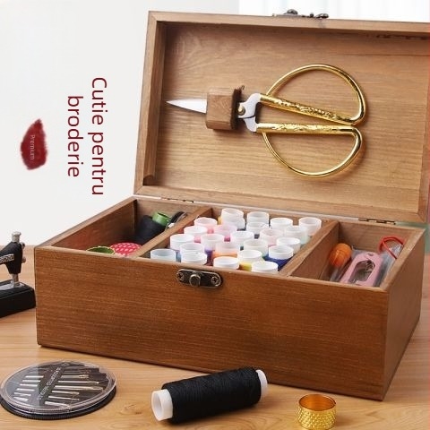 Set de cusut în cutie din lemn – portabil, multifuncțional, cu ace și ațe
