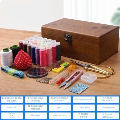 Set de cusut în cutie din lemn – portabil, multifuncțional, cu ace și ațe
