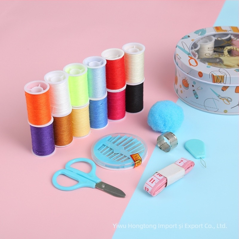 Set portabil pentru cusut într-o cutie de fier, stil desen animat, 144 bucăți