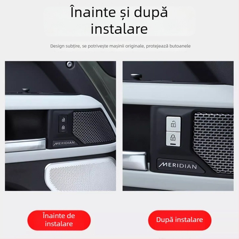 Autocolant interior pentru Land Rover Defender – aliaj de aluminiu, montaj autoadeziv, pentru suprafața panoului interior al ușii, buton de control al încuietorii ușii