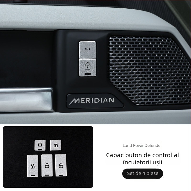 Autocolant interior pentru Land Rover Defender – aliaj de aluminiu, montaj autoadeziv, pentru suprafața panoului interior al ușii, buton de control al încuietorii ușii