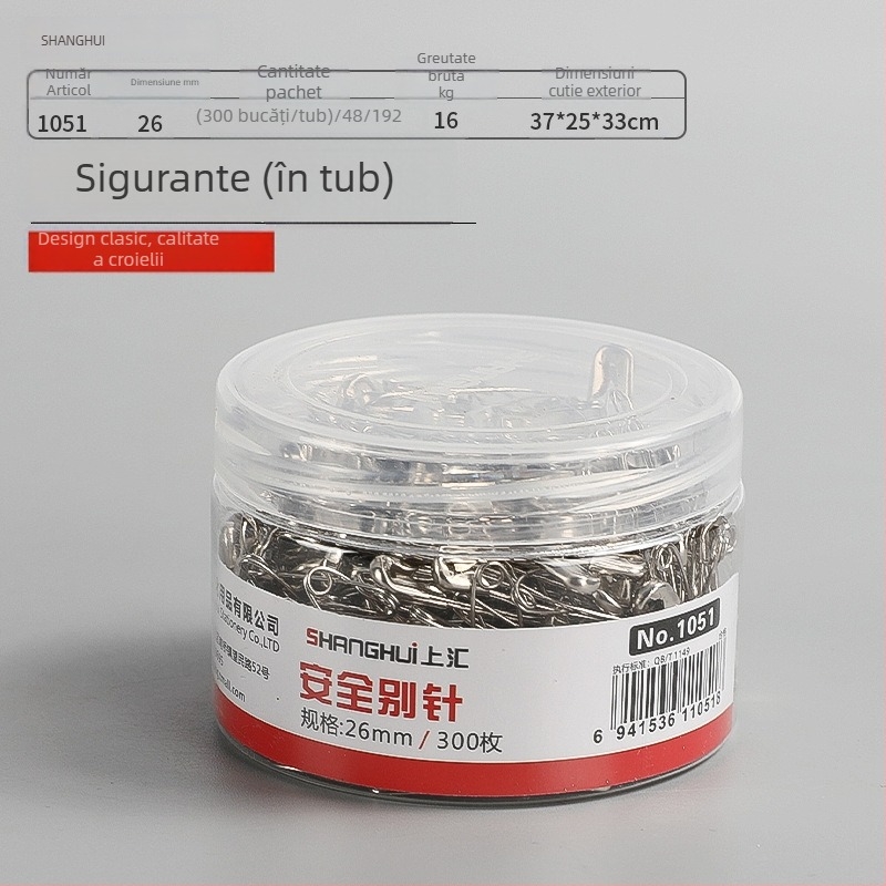 Broșă cilindrică din oțel inoxidabil cu încuietoare de siguranță, 5 modele (1051–1055), ambalare tip cartuș