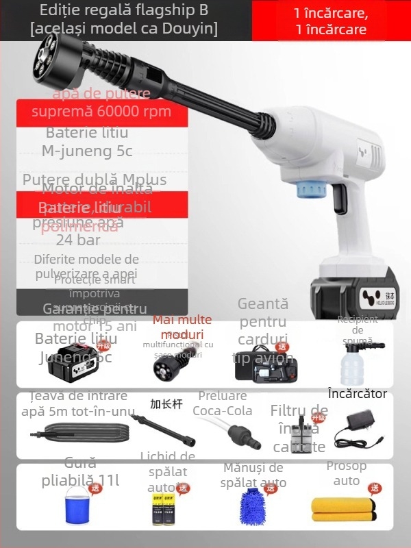 Pistol de spălat auto cu înaltă presiune, portabil, fără fir, baterie Li‑ion 21V, 600W, 2.5–25 MPa, 2.6–4.0 L/min, furtun de ieșire 5 m