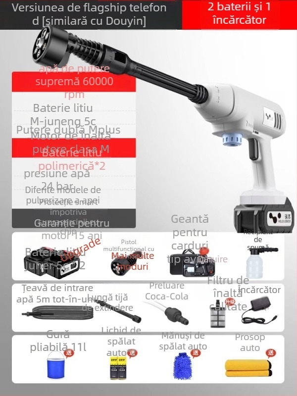 Pistol de spălat auto cu înaltă presiune, portabil, fără fir, baterie Li‑ion 21V, 600W, 2.5–25 MPa, 2.6–4.0 L/min, furtun de ieșire 5 m
