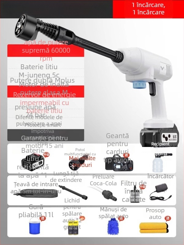 Pistol de spălat auto cu înaltă presiune, portabil, fără fir, baterie Li‑ion 21V, 600W, 2.5–25 MPa, 2.6–4.0 L/min, furtun de ieșire 5 m