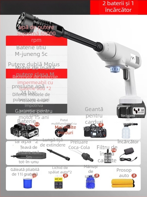 Pistol de spălat auto cu înaltă presiune, portabil, fără fir, baterie Li‑ion 21V, 600W, 2.5–25 MPa, 2.6–4.0 L/min, furtun de ieșire 5 m