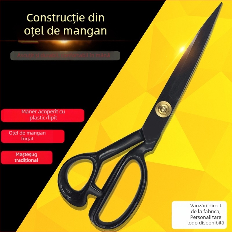 Foarfecă croitorie din oțel mangan, finisaj negru lucios, mâner PVC, cap drept, lamă cu margine obișnuită