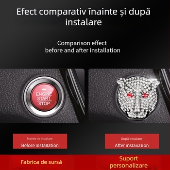 Capac decorativ pentru butonul de pornire cu cap de leopard și cristale; aliaj de zinc; fără logo; etichetă protectoare auto