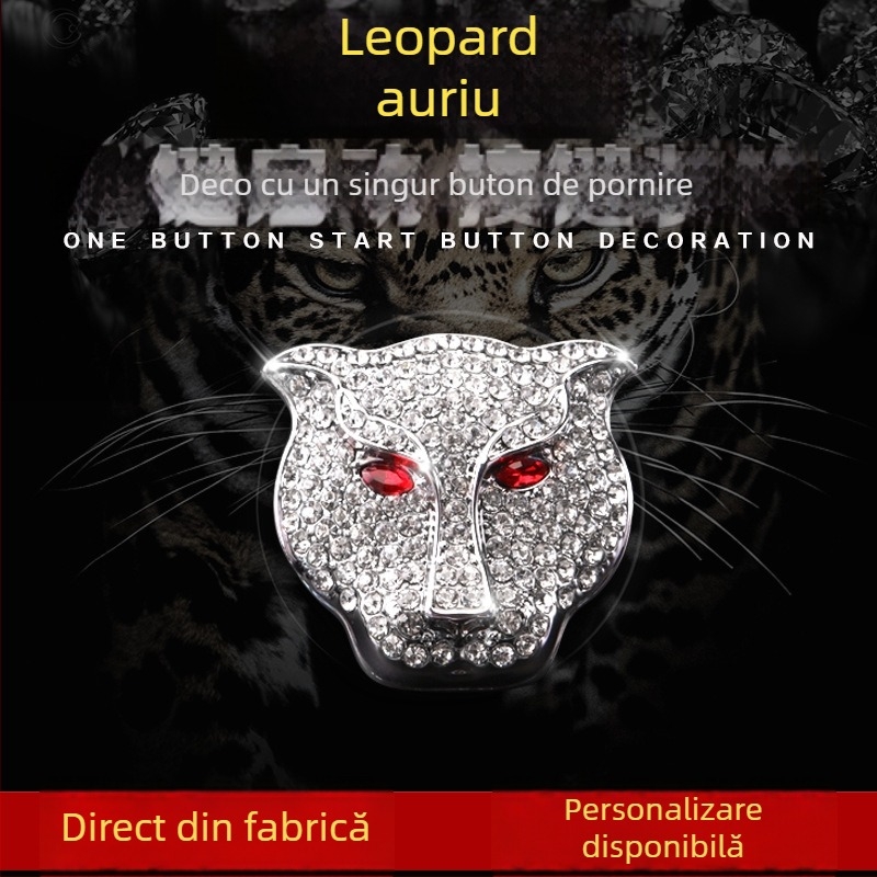 Capac decorativ pentru butonul de pornire cu cap de leopard și cristale; aliaj de zinc; fără logo; etichetă protectoare auto