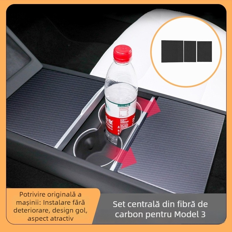 Decorațiune interioară auto: Plăci din fibră de carbon pentru consola centrală Tesla Model 3, set de trei bucăți, autocolant cu adeziv